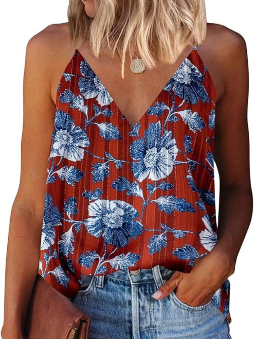 Miduo Lurex Crimson/White/Blue Metallic Striped Camisole Size X-Small